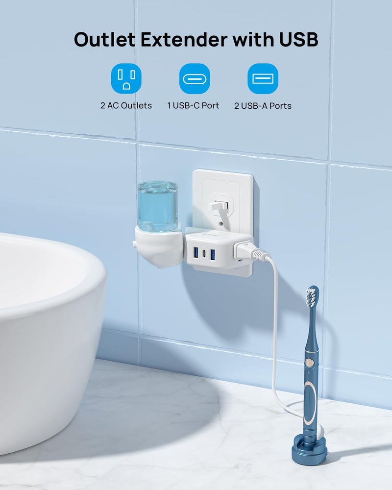 TROND Outlet Extender with USB, Wall Splitter with 2 AC Sockets, 3 USB Ports, 3-Side Design Wall Plug Adapter, Cruise Essentials, Plug Extension Outlet for Travel Home Office, White - Image 2